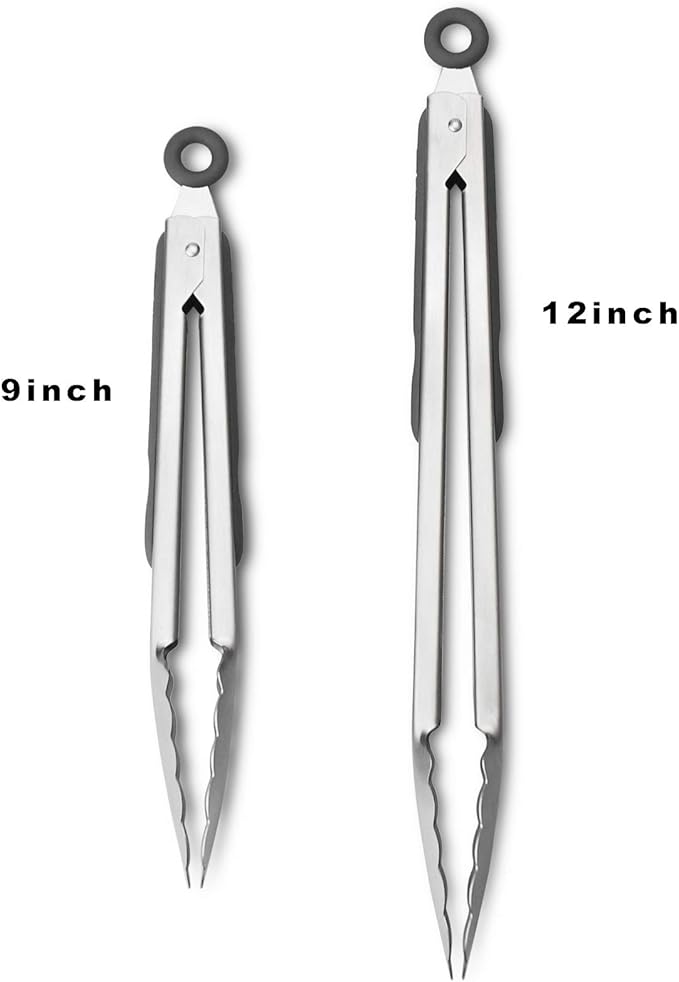 304 Stainless Steel Kitchen Cooking Tongs, 9" and 12" Set of 2 Sturdy Grilling Barbeque Brushed Locking Food Tongs with Ergonomic Grip, Grey