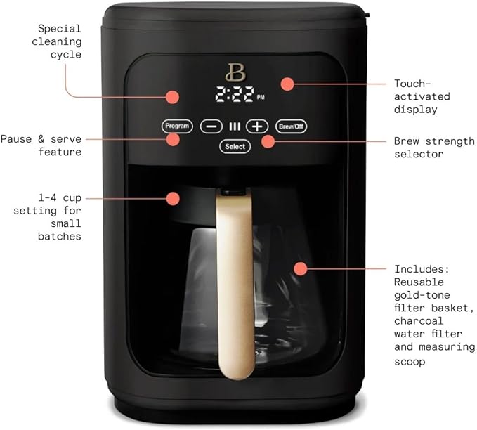 Beautiful 14Cup Programmable Coffee Maker, Touch-Activated Display, Auto Brew with 3 Flavor Options (Black Sesame)