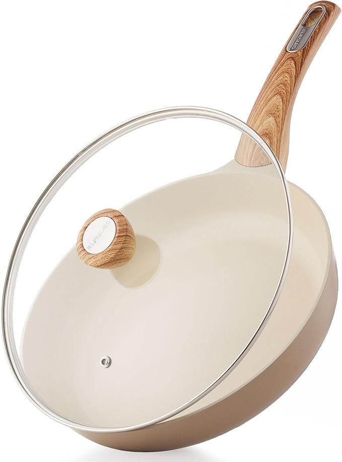 SENSARTE Ceramic Nonstick Frying Pan Skillet with Lid 8inch Non Stick Pan Omelet Pans, Non-toxic Healthy Kitchen Cooking Chef's Pan, Free of Intentionally Added PFAS/PTFE, Induction Compatible, Taupe