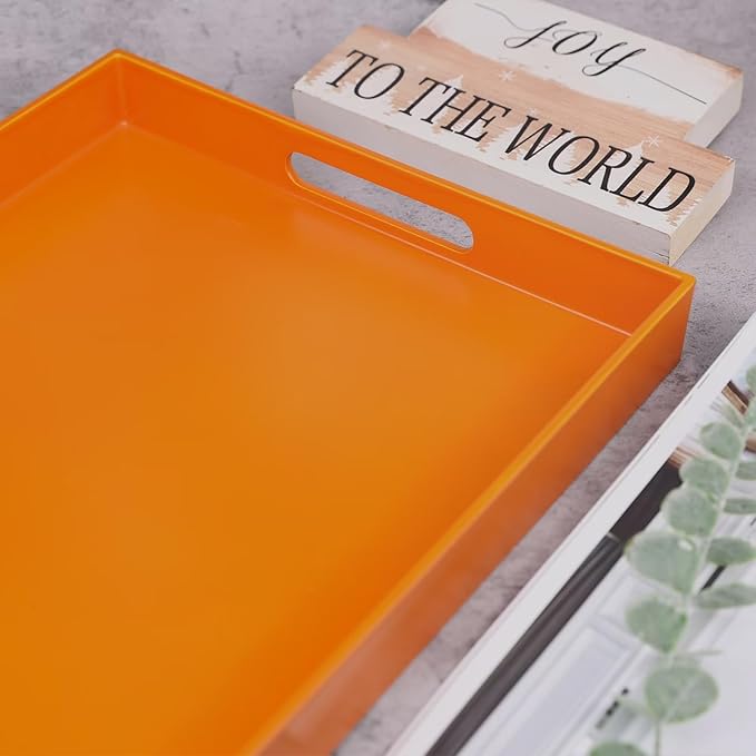 Ornage Serving Tray for Coffee Table, Rectangular Plastic Decorative Tray with Handles for Entertaining, Outdoor Patio, Living Room, Ottoman, Bathroom Counter, 11.8”*15.7”*1.6”