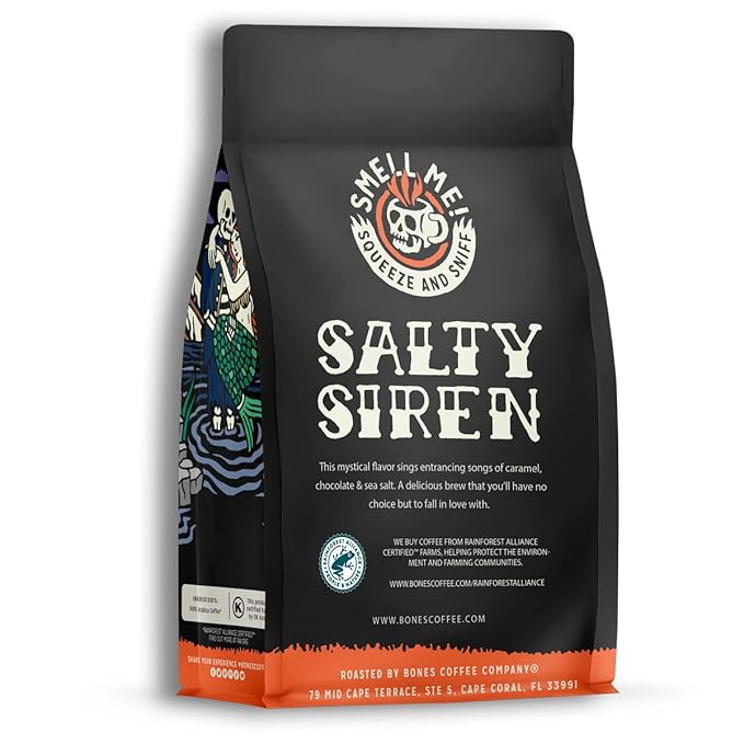 Bones Coffee Company Salty Siren, Sea Salted Caramel Chocolate Flavored Coffee, Medium Roast Low Acid Arabica Beans Compatible with Auto drip and French Press Coffee Maker, 12 Oz Ground