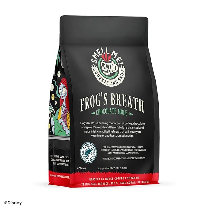 Bones Coffee Company The Nightmare Before Christmas Frog's Breath Flavored Coffee Beans, Whole Bean Coffee Medium Roast Low Acid, Chocolate Mole Flavor (12 oz)