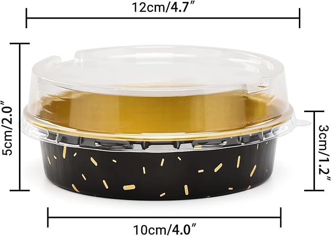 Beasea Mini Aluminum Pie Pans with Lids, 100 Pack 4” 8oz Black Gold Baking Pie Foil Tins Small Round Tart Cups Containers for Individual Cupcake Muffin Cheesecake Dessert Ramekins Quiche Oven Dishes