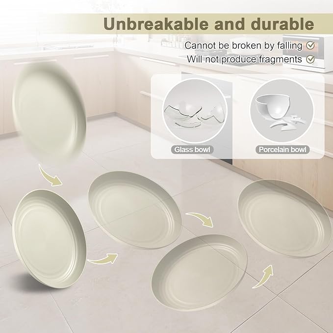 12 Pcs Unbreakable Deep Dinner Plates Set, 10 inch Reusable Plastic Wheat Straw Plates, Microwave and Dishwasher Safe Plate for Kitchen, Lightweight Plate for Dessert, BPA Free, Beige