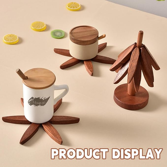 Wooden Trivets for Hot Dishes, Tree Shape Trivet Set, 4 Walnut Wood + 1 Stand stored Like a Christmas Tree,Foldable Kitchen Wooden Trivet,for Hot Dishes、Pot、Bowl、Teapot、Hot Pot Holder(Walnut Wood)