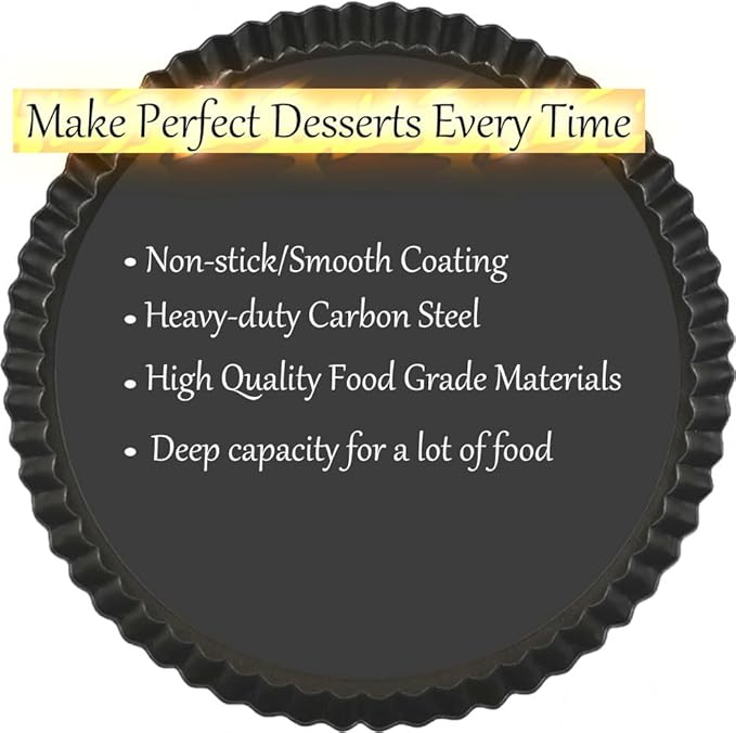 10 Inch Nonstick Tart Pan with Removable Bottom, Carbon Steel Quiche and Pie Pan- 1.1-Inch Depth, Fluted Edges for Baking Tarts, Quiches, Mousse Cakes, and Desserts