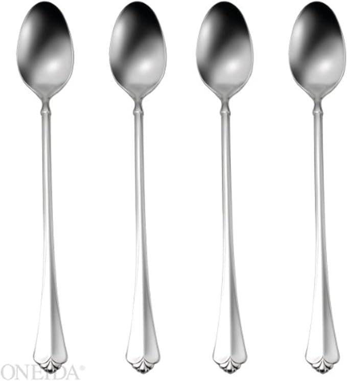 Oneida Silverware Set, Juilliard Fine Flatware 4-Piece Iced Teaspoon Set, Service For 4, Dishwasher Safe 18/10 Stainless Steel, Mirror Finish, Home Kitchen Utensils, Tall Drink Spoons (Silver 4 Piece)