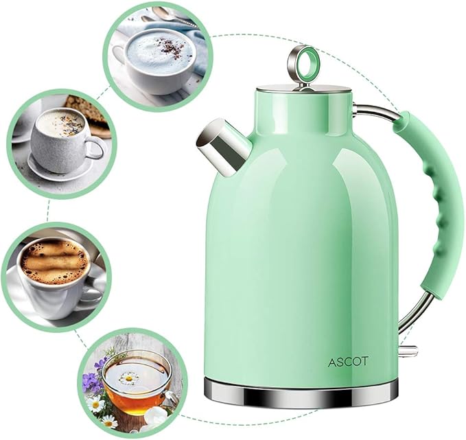 ASCOT Electric Kettle, Stainless Steel Electric Tea Kettle Gifts for Men/Women/Family 1.5L 1500W Retro Tea Heater & Hot Water Boiler, Auto Shut-Off and Boil-Dry Protection (Green)