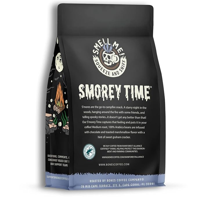 Bones Coffee Company S'morey Time, S'mores and Graham Crackers Flavored Coffee, Medium Roast Low Acid Arabica Beans Compatible with Auto drip and French Press Coffee Maker, 12 Oz Ground