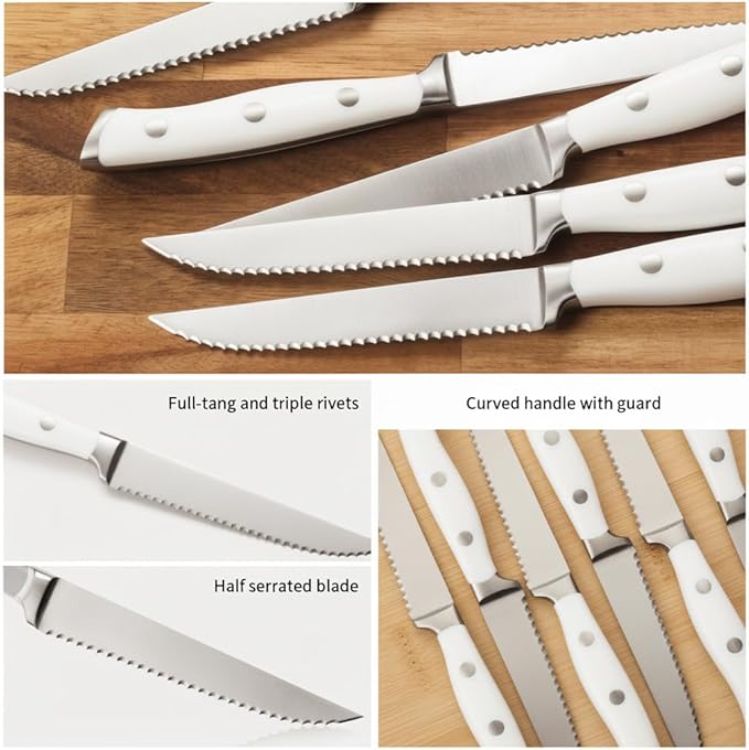 Alata 6-Piece White Steak Knives Set, Stainless Steel Steak Knife set with Serrated Edge, Razor-Sharp, Full-Tang Construction, Dishwasher Safe