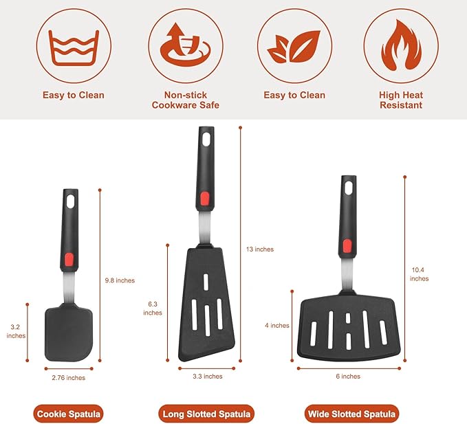 Hotec Silicone Spatula Turner for Nonstick Cookware, Cooking Spatulas 600°F Heat Resistant Large Flexible Rubber Spatula Set of 3, Kitchen Utensils for Flipping Eggs, Burgers, Pancakes, Crepes