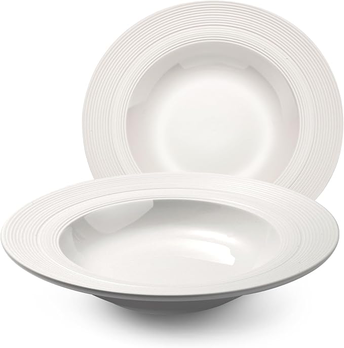 JUAN & JASMIN 24 oz Soup Bowl Set, 9.5 inch, Ribbed Rim Design, 2-Piece, Deep Dish Plate- Ideal Serving for Soup, Pasta, Dessert and Salad, Microwave & Dishwasher Safe