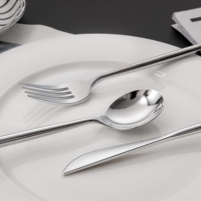 LIYH 102 Pcs Silver Plastic Silverware - Heavyduty Plastic Cutlery Set Disposable Utensils Flatware Set Knives Forks Spoons Disposable Cutlery