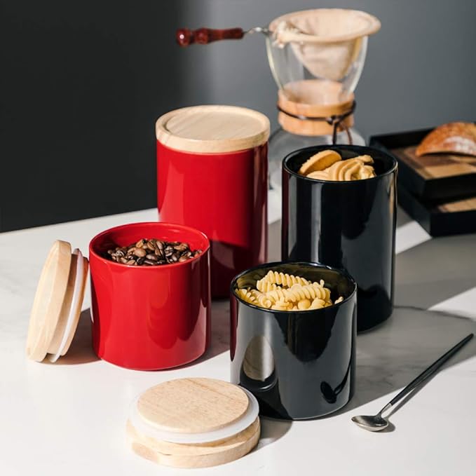 Sweejar Kitchen Canisters Ceramic Food Storage Jar, Stackable Containers with Airtight Seal Wooden Lid for Serving Ground Coffee, Tea, Sugar, Salt and More - 28 Fl Oz (Black)