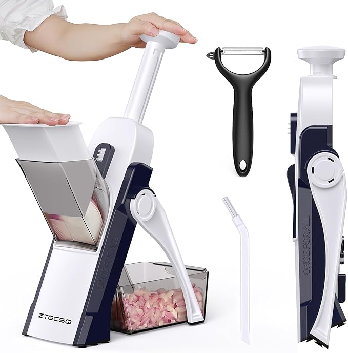 5 in 1 Safe Mandoline Slicer for Kitchen, Safe Vegetable Chopper with Paring Knife, Adjustable Thickness, Easy to Clean, Vegetable Slicer, Slicing, Strips, Shredding, Dicing, Chop (DarkBlue)