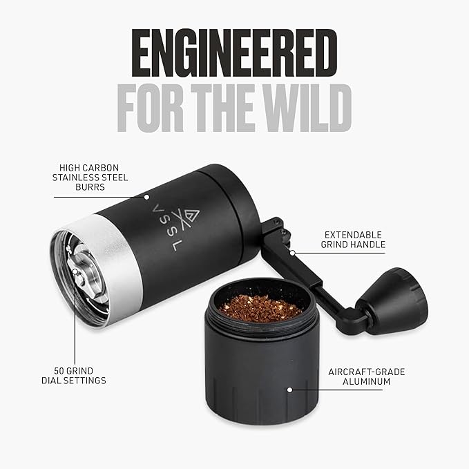 VSSL Java G45 Manual Coffee Grinder | Coffee for Camping | Bean Grinder | Travel Pour Over | Stainless Steel Conical Burr | ~ 45 Gram Capacity | Extendable Grind Handle | 50 Grind Settings | Black