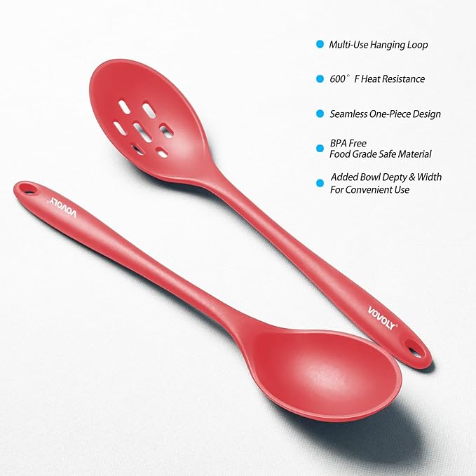 Silicone Spoons for Cooking - Extra Large Kitchen Spoons for Mixing, Serving, & Stirring - 600°F Heat-Resistant Non Stick Utensils Ladle & Skimmer- Dishwasher Safe, Red