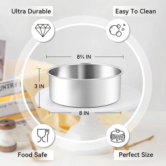 Leonyo 8 Inch Cake Pan, Stainless Steel Circle Baking Pans Set, 3 Pieces Round Layer Cake Tin for Wedding Birthday, Even Heating, Non Toxic & Healthy, Heavy-Duty, Dishwasher Safe