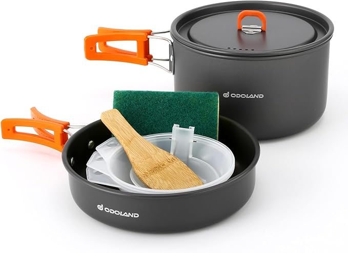 Odoland 9pcs Camping Cookware Non-Stick Lightweight Pots and Pans Set with Plastic Bowls Soup Spoon for Backpacking, Outdoor Cooking and Picnic