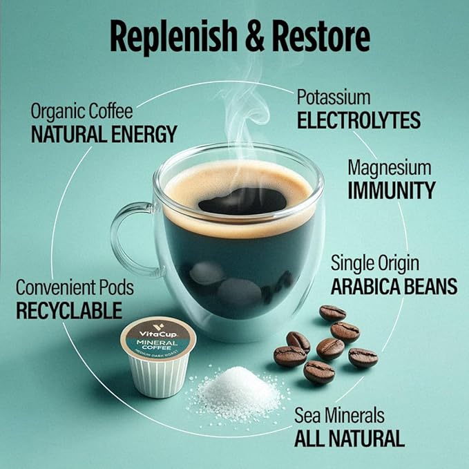 VitaCup Mineral Coffee Pods with Trace Minerals, Hydrate, Replenish & Restore, w/Sea Minerals, Electrolytes, Organic Coffee, Medium Dark Roast, Single Serve Pod Compatible w/Keurig K-Cup Brewers,16 Ct