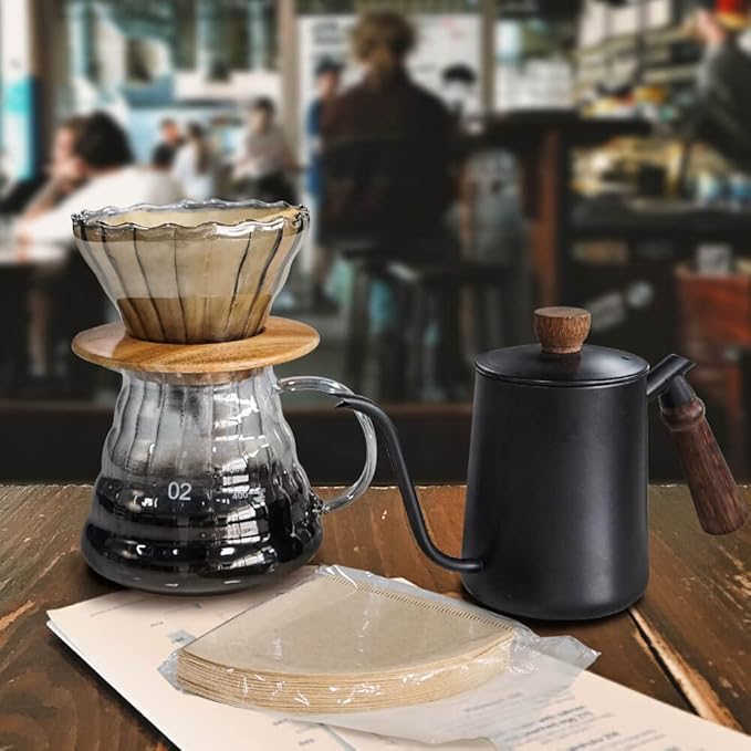 SOTECH Pour Over Coffee Maker Set with Black Gooseneck Kettle, Wooden Pad Holder, Coffee Dripper Server, DIY Manual Portable Coffee Maker Set