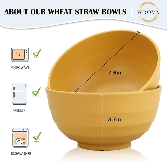 Wheat Straw Bowls Set 60 OZ Unbreakable Large Cereal Bowls Set of 6 Microwave and Dishwasher Safe Bowls Big Bowls for Apartment and Dorm BPA Free Soup Bowl for Serving Oatmeal and Salad Yellow
