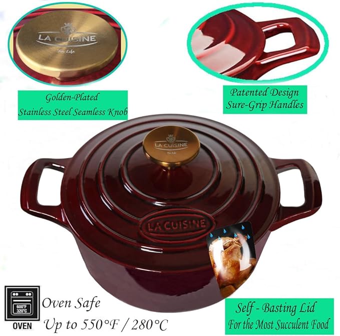 La Cuisine Enameled Cast Iron Dutch Oven Casserole Pot with Lid 6.5 QT 11" /28cm Dia. Internal Matte Black Enamel Coating Gold-Plated SS Lid Handle Oven Safe up to 500° F for bread baking, Cranberry