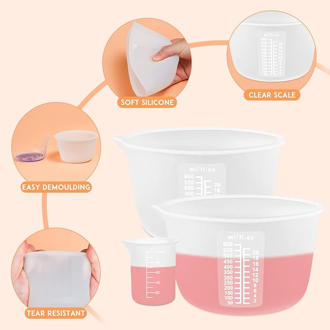 Silicone Measuring Cups Tool Kit, Non-Stick Large Bowls for Epoxy Resin, Reusable 600&100ml Mixing Cup With Stir Sticks, Pipettes, Supplies, Molds, Jewelry Making