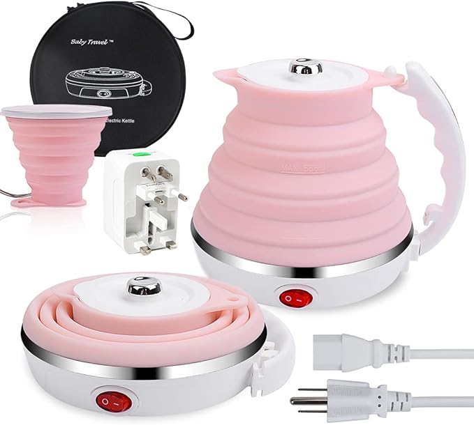 Upgrade Travel Kettle, ShineMe Food Grade Silicone Dual Voltage 110-220V Ultrathin Portable Electric Water Kettle with Cup, Universal Adaptor and Detachable Power Cord, 555ML (Pink)