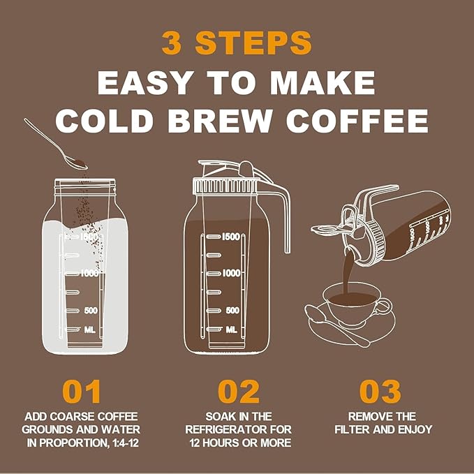 Cold Brew Coffee Maker Jar - 64oz Thick Glass Multipurpose Mason Pitcher Spout Lid with Handle & Stainless Steel Filter for Iced Coffee, Lemonade, Ice Tea, Homemade Fruit Drinks Container