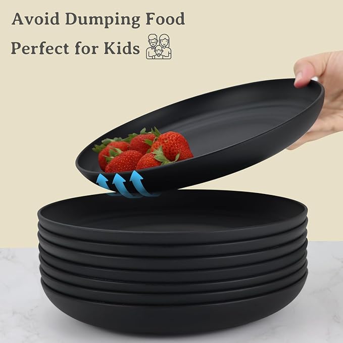 Wrova Wheat Straw Plates - 10 Inch Unbreakable Dinner Plates Set of 8 - Dishwasher & Microwave Safe Plastic Plates Reusable - Lightweight Plate for kitchen,camping (Pure Black)