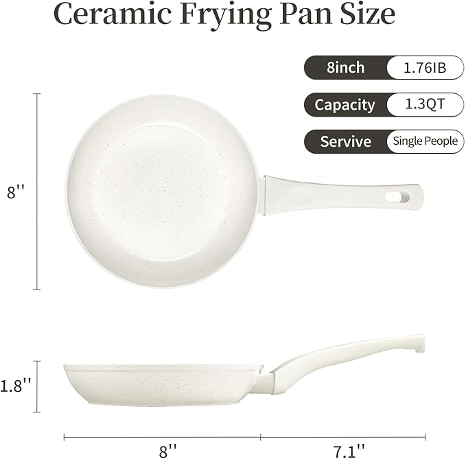 8 Inch Non Stick Frying Pan - White Ceramic Non Stick Skillet Frying Pans, Safe&No Toxic Egg Omelette Frying Pan, Small Nonstick Cookware Cooking Pan, Induction Compatible, PFOA&PFAS Free