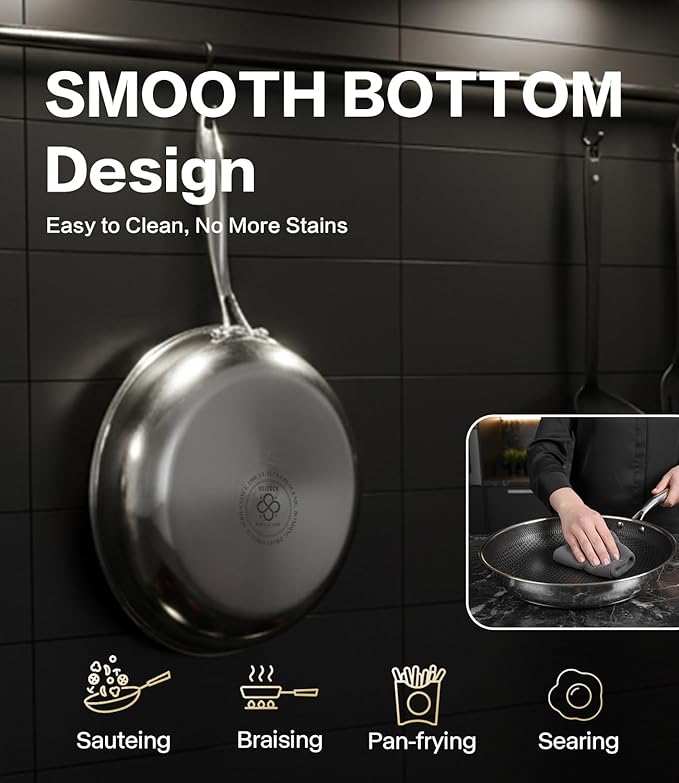 Non Stick Frying Pans with Lids, 12 Inch Fry Pan, Hybrid Large Frying Pan with Lid, Nonstick Skillet Stainless Steel, Dishwasher & Oven-Safe, Induction Compatible Cooking Pan