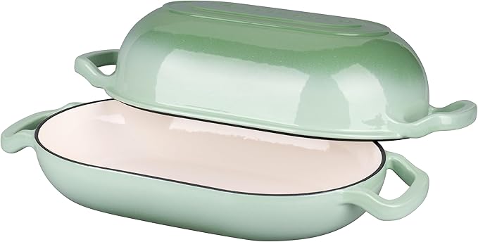Enameled Cast Iron Sourdough Bread Oven, Dutch Oven, Loaf Cast Iron Bread Pan for Homemade Bread Baking, Meatloaf Pan with Lid, 7QT, Green