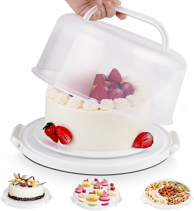 Cake Carrier with Lid and Handle, Multipurpose Cake Stand Fits 10 inch Cake, Cupcake Containers for 11 Cupcakes，Cake Holder Serves as Five Section Serving Tray, Portable Cake Carriers, White