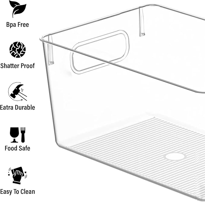Clear Plastic Storage Bins, Pantry Organizers and Storage Containers Fridge Organizer Bins Kitchen Cabinet Organizer for Organizing Home, Bathroom, Freezer, Refrigerator. (10 x 7.3 x 5)