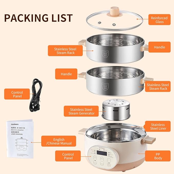 Joydeem Electric Food Steamer for Cooking, 2-Tier Stainless Steel Vegetable & Food Steamers, 15L/15.9 qt Large Capacity, JD-DZG15B