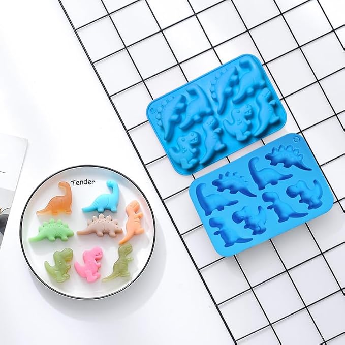 Dinosaur Silicone Gummy Candy Molds - 2Pcs 8-Cavity Soap Dinosaur Molds Shaped with T-rex, Stegosaurus, Triceratops, Brontosaurus, Non-stick and Bpa Free for Chocolate, Soaps, Crayons, Ice Cubes