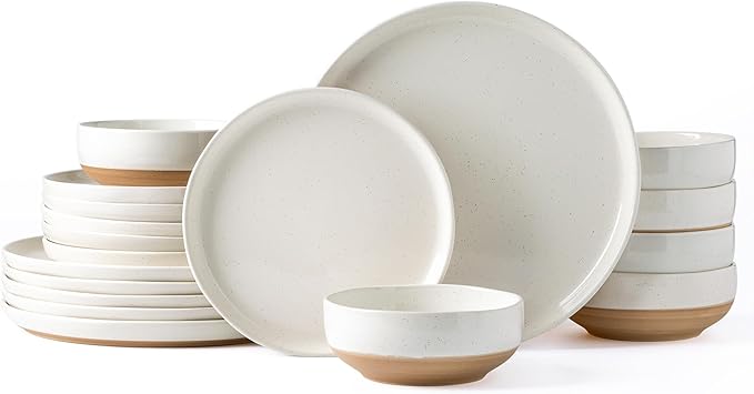 AmorArc Ceramic Dinnerware Sets for 6, 18 Pieces Handpainted Plates and Bowls Set with Rustic Terracotta Underside, Scratch Resistant Stoneware Dishes Set, Dishwasher & Microwave Safe,Light Beige