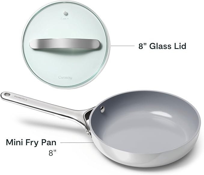 Caraway Nonstick Ceramic Mini Fry Pan With Glass Lid (1.05 qt, 8") - Non Toxic, PTFE & PFOA Free - Oven Safe & Compatible with All Stovetops (Gas, Electric & Induction) - Gray