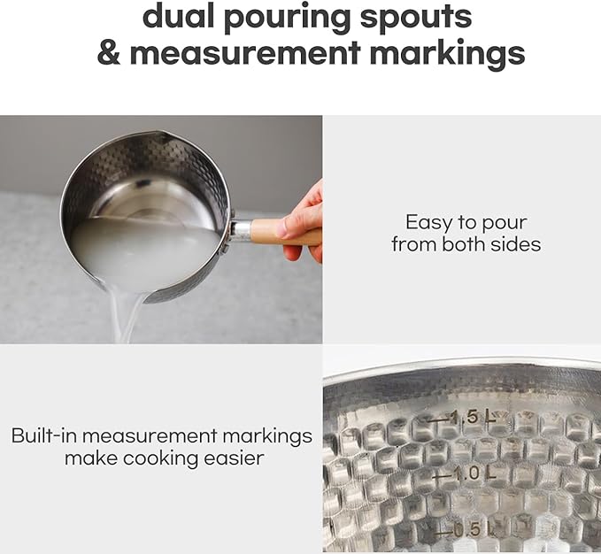 1.5 Quart Stainless Steel Pot With Glass Lid. Traditional Japanese Saucepan Wth Wood Handle, Multipurpose Sauce Pan With Two Side Pour Spouts & Measurement Line, Great for Ramen, Milk etc.