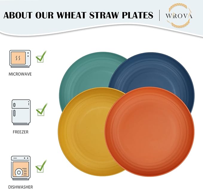 Wrova Wheat Straw Plates - 10 Inch Unbreakable Dinner Plates Set of 8 - Dishwasher & Microwave Safe Plastic Plates Reusable - Lightweight Plates for kitchen,camping (Colorful Series)