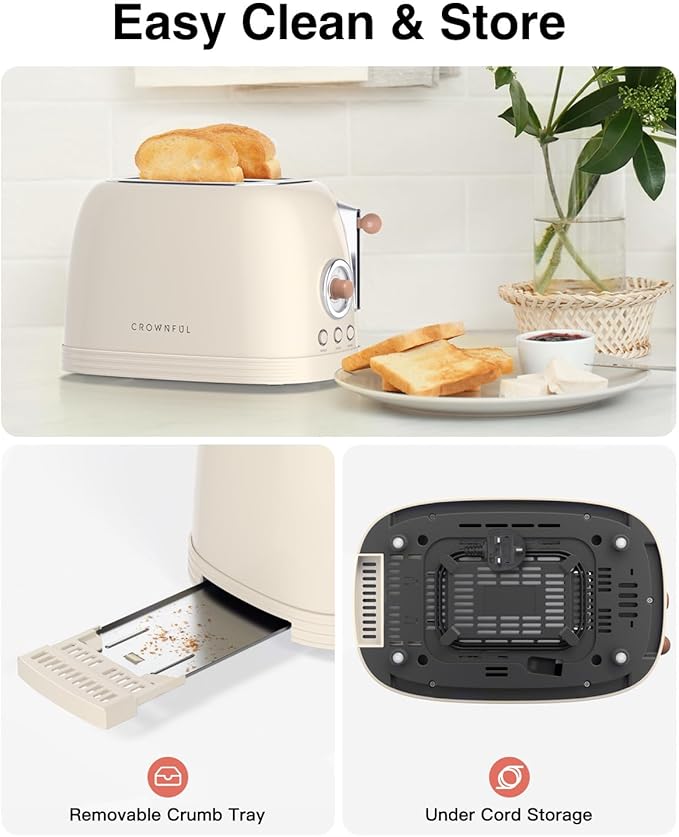 CROWNFUL 2-Slice Toaster, Extra Wide Slots Toaster, Retro Stainless Steel with Bagel, Cancel, Defrost, Reheat Function and 6-Shade Settings, Removal Crumb Tray, Cream