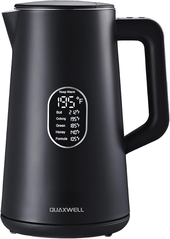 1.5L Electric Kettle Stainless Steel, Double Wall Cool Touch Teapot, Fast Boil,5 Temperature Control, LED Display, Auto Shut-Off, BPA-Free,Keep Warm Function, Ideal for Tea & Coffee,Black