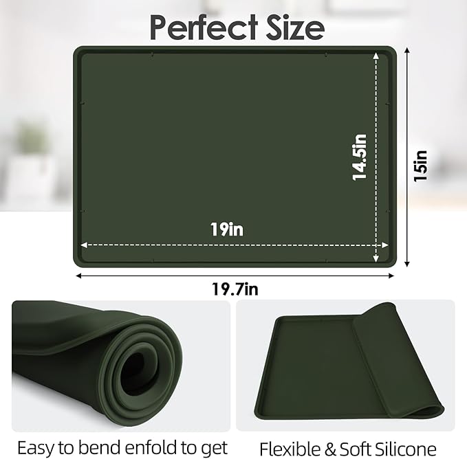 Silicone Coffee Maker Mat with Lip, 19.7'' x 15'' Heavy Duty Coffee Maker Mat for Countertops, Coffee Tray Fit Under Coffee Machine Appliance Automatic Machines Espresso Accessory, Dark Olive Green
