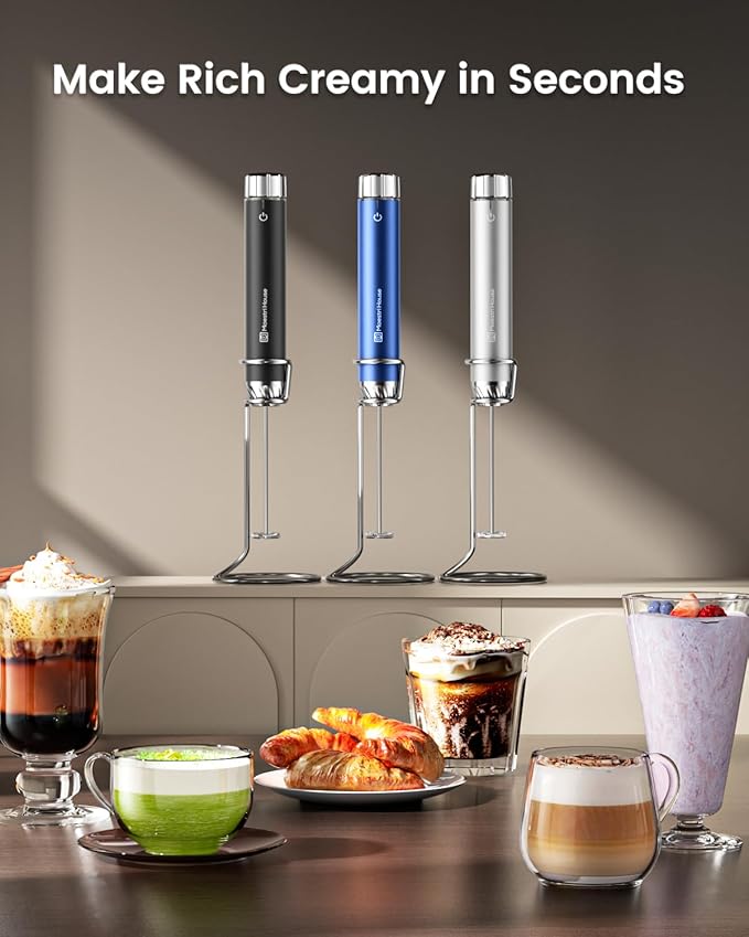 Maestri House Rechargeable Milk Frother with Stepless Speed Control, Handheld Electric Foam Maker Waterproof Drink Mixer Foamer with Stainless Steel Stand & Detachable Whisks for Lattes, Cappuccino