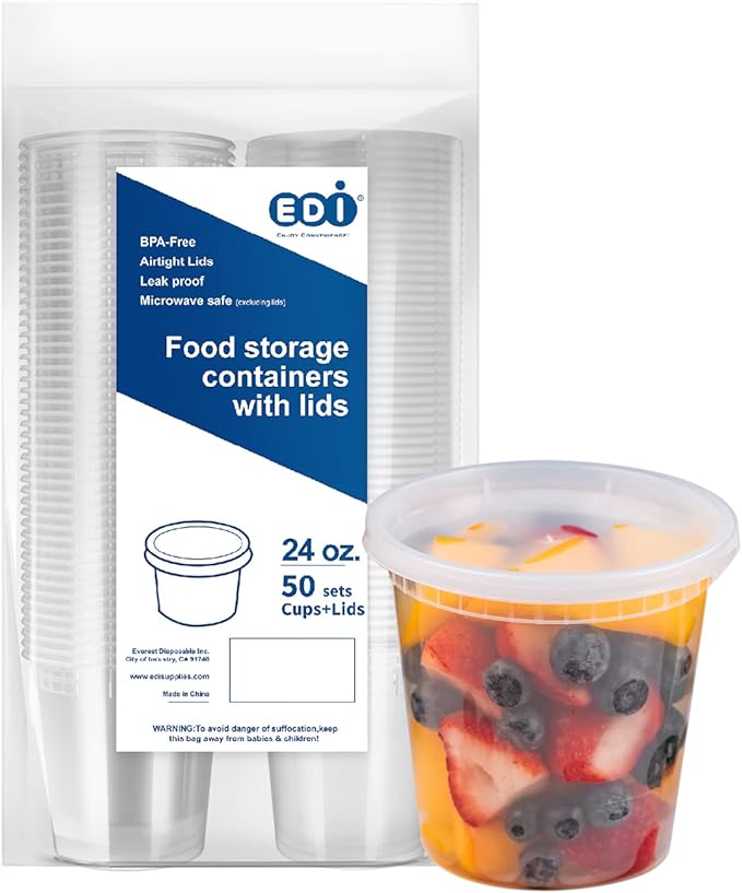 EDI [24 OZ, 50 Sets] Plastic Deli Food Storage Containers with Airtight Lids | Microwave-, Freezer-, Dishwasher-Safe | BPA Free | Heavy-Duty | Meal Prep | Leakproof | Recyclable
