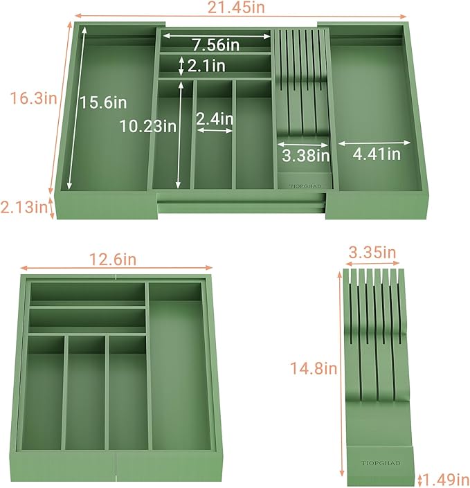 Bamboo-Silverware-Drawer-Organizer-Kitchen, Expandable Utensil Holder Cutlery Tray Flatware Organization Adjustable Wood Tableware Dividers Storage (with Removable Knife Block)(Grayish Green)