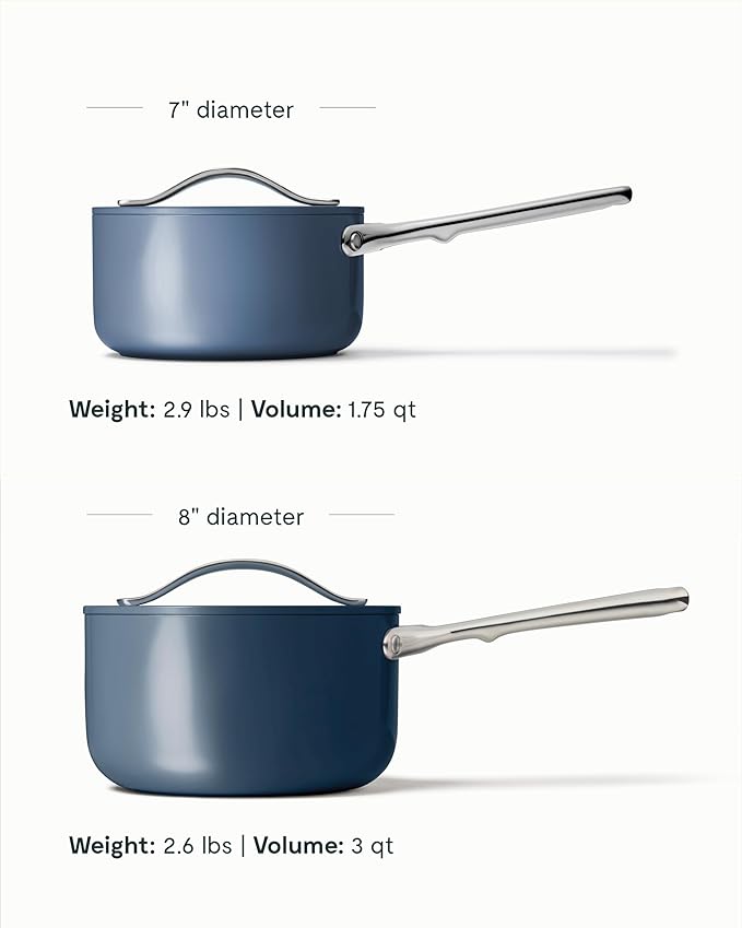 Caraway Nonstick Ceramic Sauce Pans with Lids (3 qt & 1.75 qt) - Non Toxic, PTFE & PFOA Free - Oven Safe & Compatible with All Stovetops (Gas, Electric & Induction) - Navy