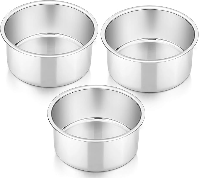 P&P CHEF 4 Inch Round Cake Pan Set of 3, Stainless Steel Round Baking Layer Pans Bakeware for Layer Birthday Cake, Fit Oven/Pots/Pressure Cooker, Leakproof & Dishwasher Safe, Silver